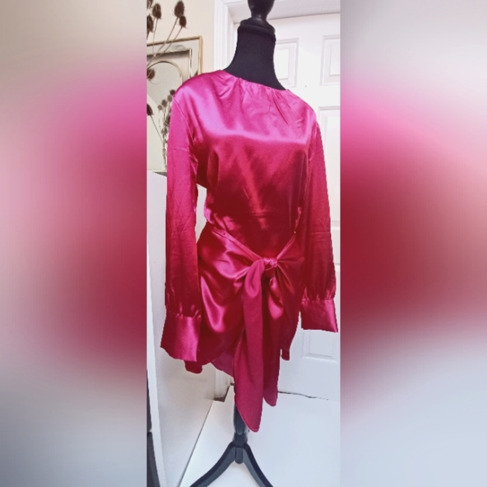 MORRISDAY the label Fuschia Front Wrap Satin Finish Long Sleeve Dress